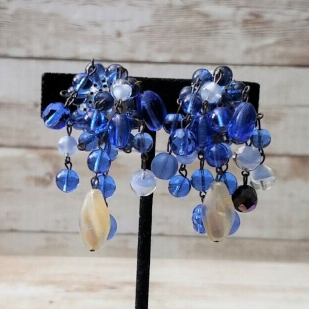 Vintage Clip On Earrings - West Germany Stamped Blue Dangle 2" Very Long Drop